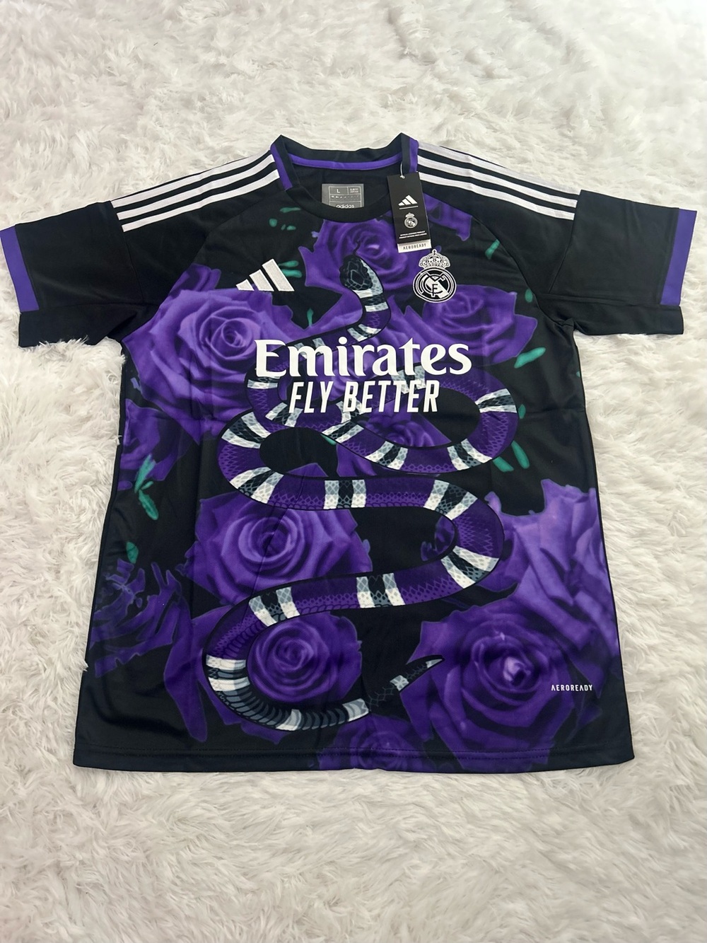 adidas Black & Purple Graphic Soccer Jersey with Rose and Snake Motif